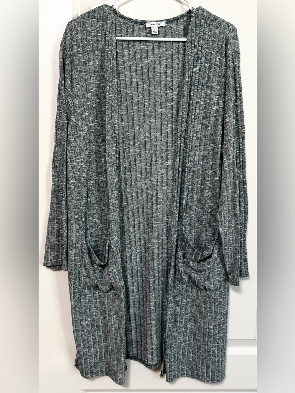 Nine West Long Open Front Ribbed Marled Sage Green Cardigan Sweater Pockets Size - Picture 2 of 9